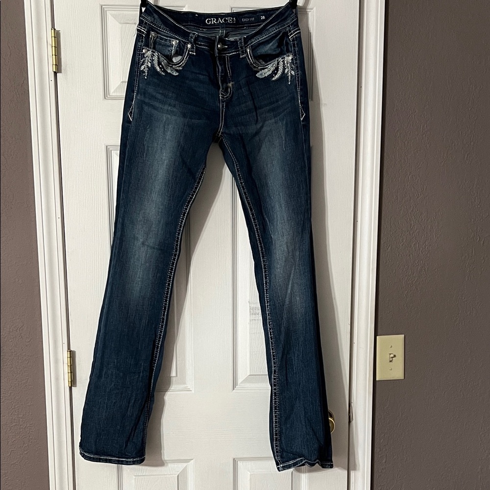 Grace in LA Women's Dark Blue Boot Cut Jeans with Embroidery
